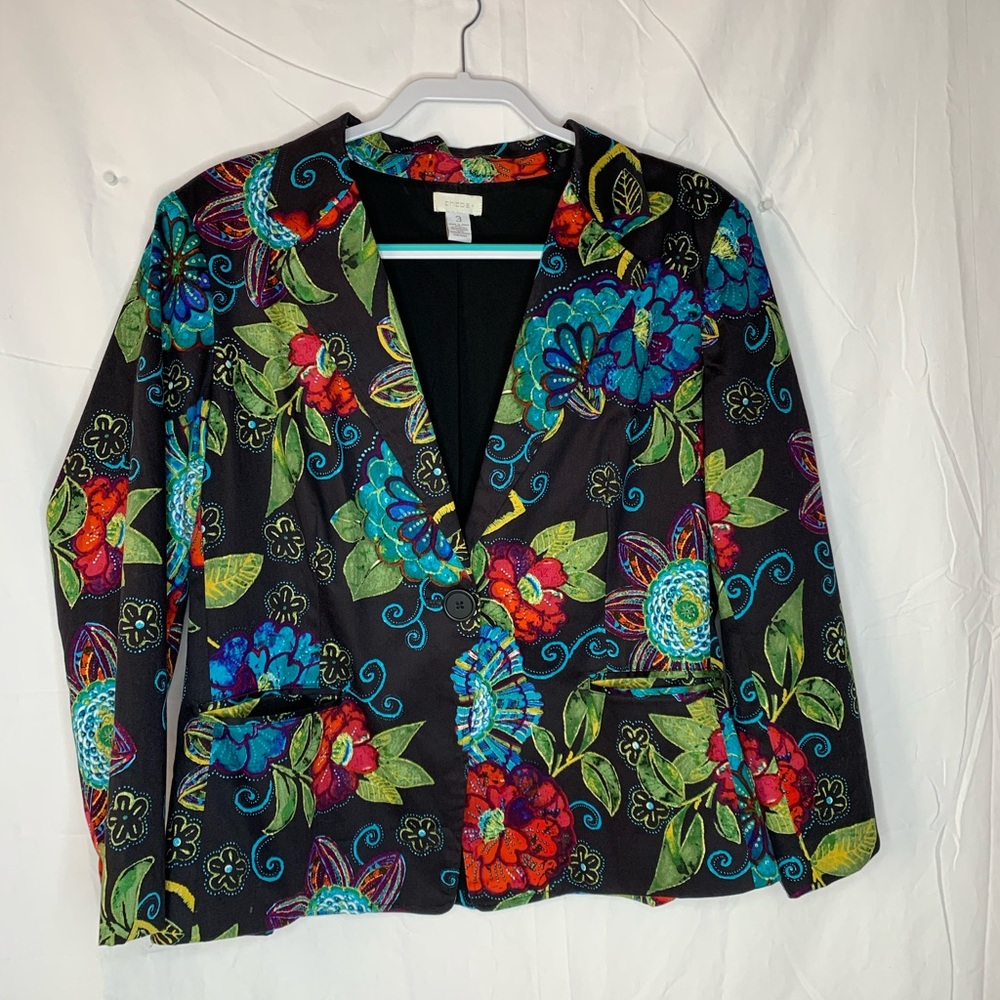 Chico’s bright multicolored blazer one button closure pockets size 3 lined